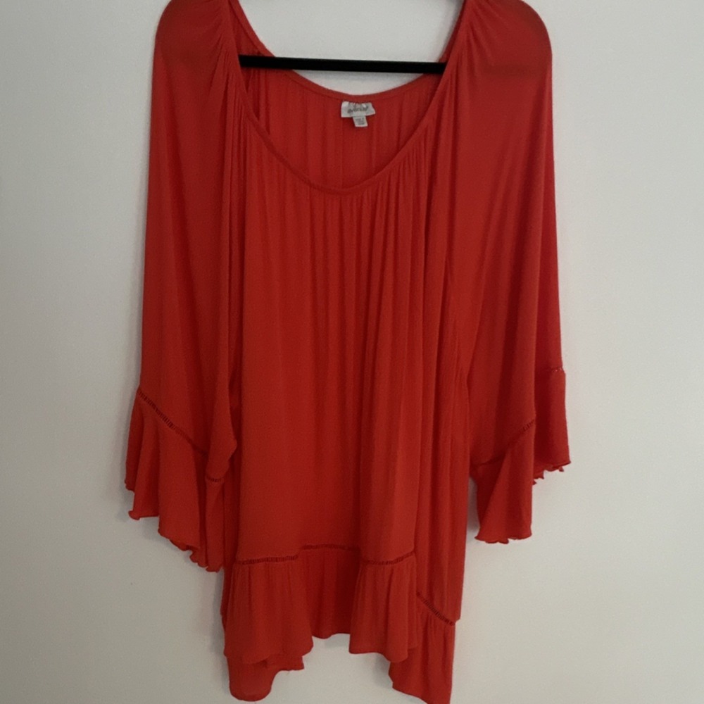 Avenue Orange Ruffle 3/4‎ Sleeve Tunic Blouse 30/32 Women's 100% Viscose Poly